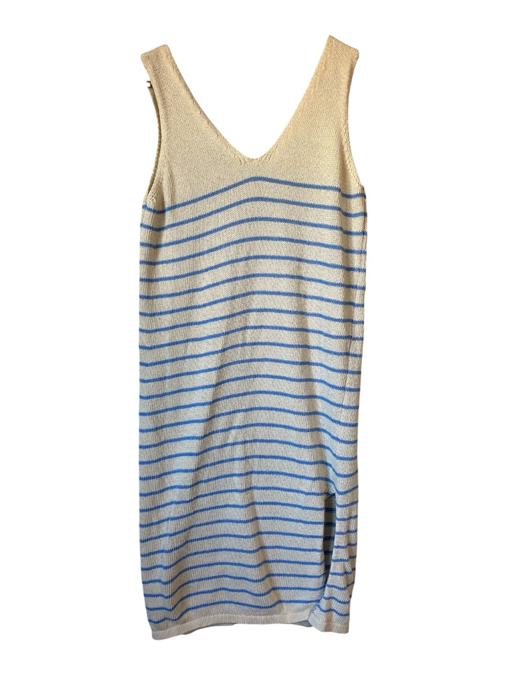 Floris Blue & Cream Striped Crochet Knit Midi Dress sleeveless S/M